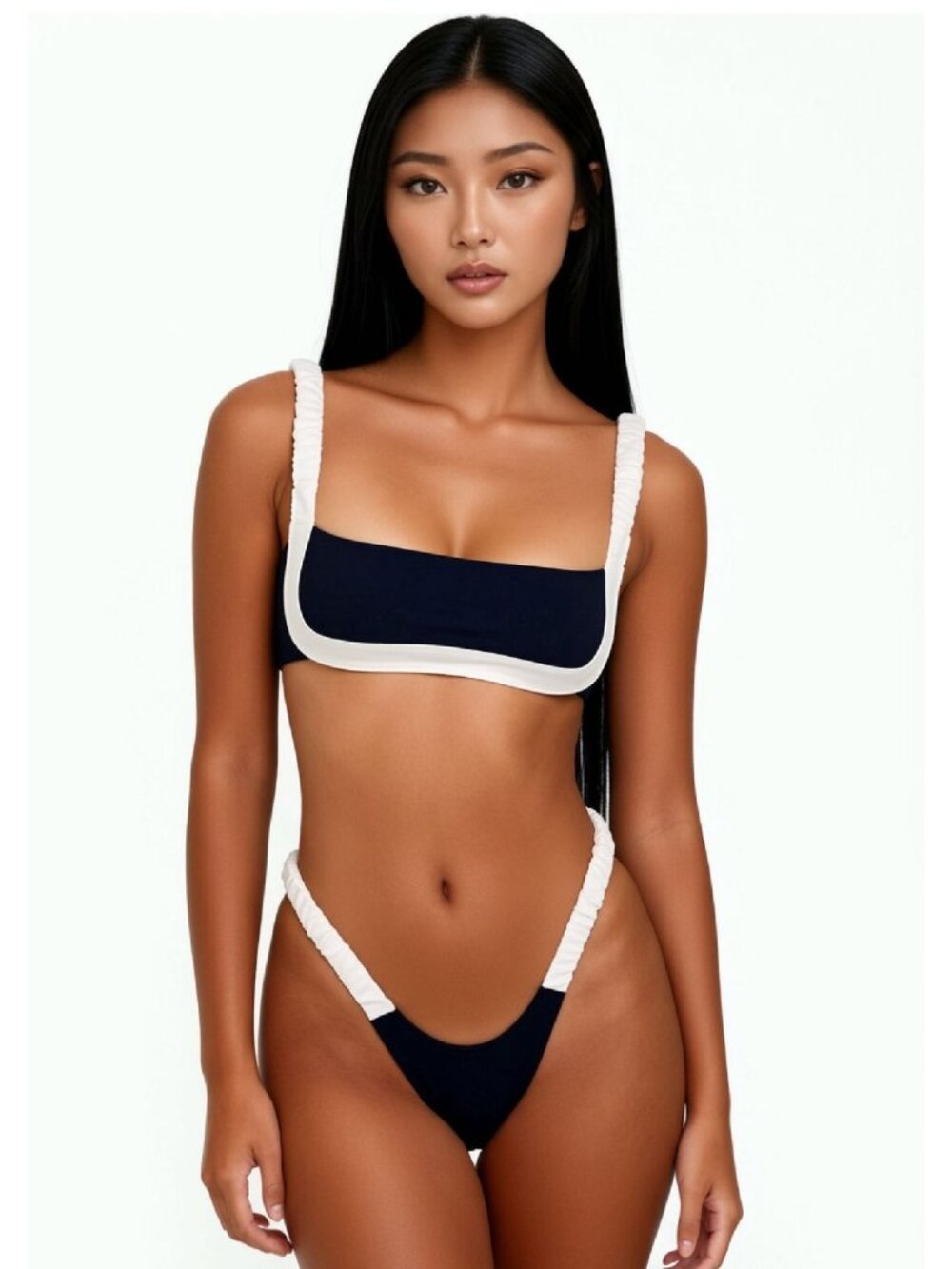 🆕 Small Black White Colorblock Bandeau High-Cut Cheeky Bikini Set NWOT